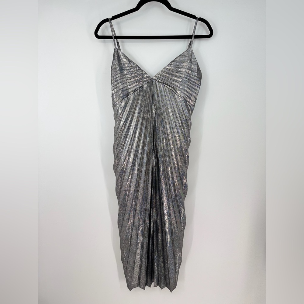 House Of Harlow Side Zip Spaghetti Strap Rainbow Silver Glitter Midi Dress